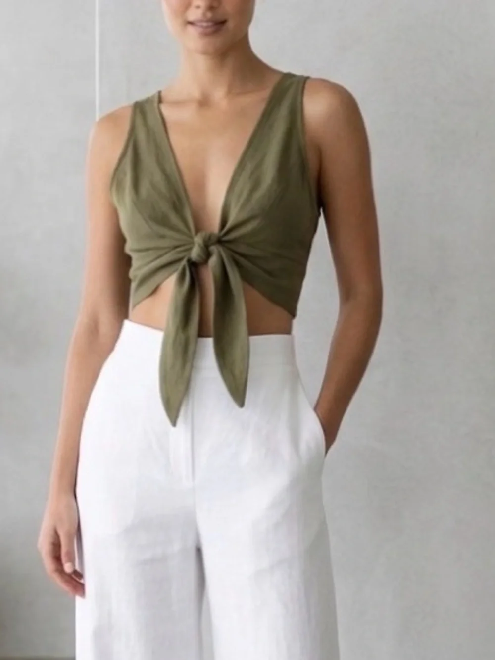 Boho Olive Green Front Tie Top | Minimalist Summer Staple | Small - Picture 1 of 6